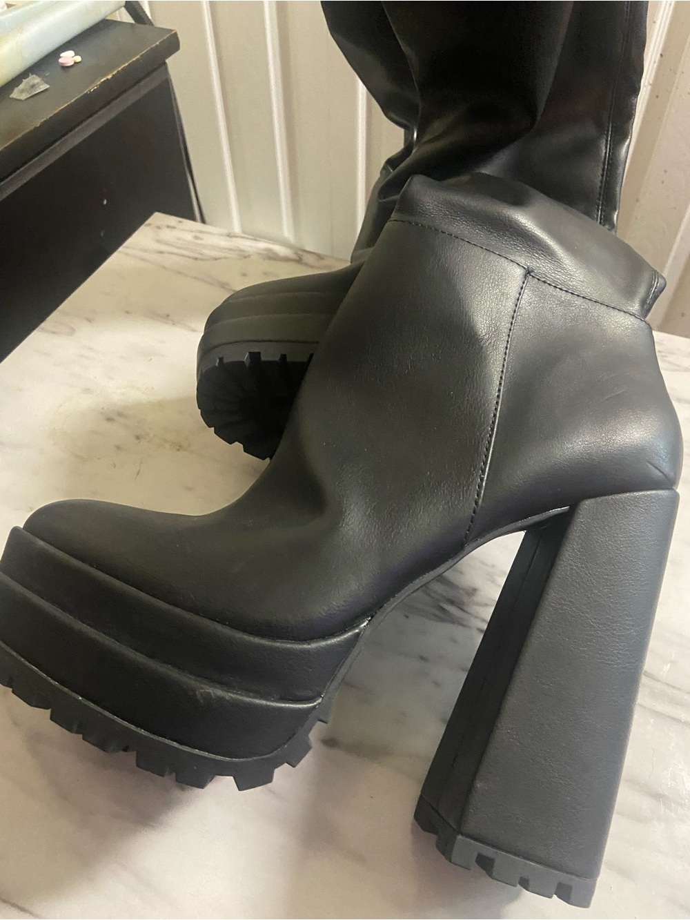 Black Platform Block Heel Ankle Boots - Women